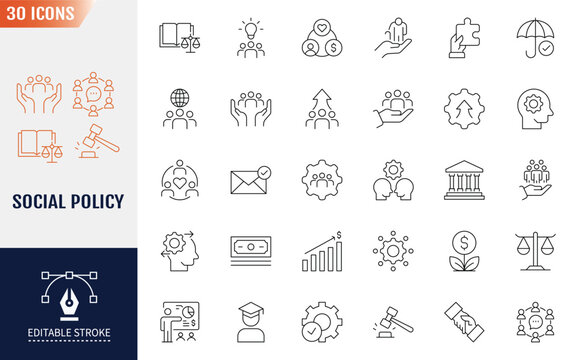 Social Policy Line Editable Icons set.  Containing education, reform, services, welfare, health care, legislation, society, and more. Vector illustration