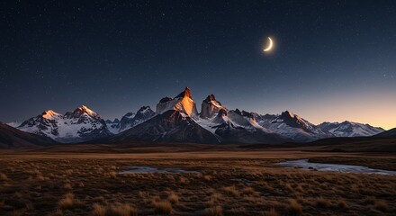 Golden Alpenglow on Patagonian Peaks Under a Crescent Moon and Starry Sky