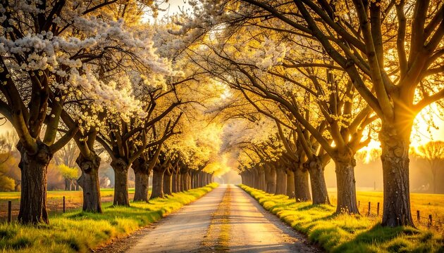 Tree-lined Road at Golden Hour with Sun Star and Blossoms - Powered by Adobe