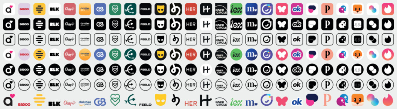 All Dating App Logos Collection &ndash; Popular Online Dating Platform Icons, Flat Minimalist Vector Set, Colorful Social Media Symbols, Modern Love & Relationship Apps