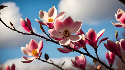 Blooming branch of pink magnolia flowers in early spring light

