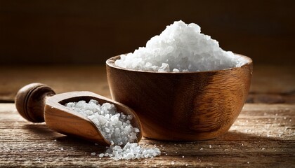 Naklejka na ściany i meble a wooden bowl filled with sea salt sits beside a wooden spoon