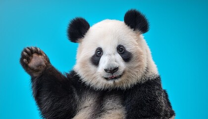 Naklejka premium a playful adorable panda bear waving his paw on a pastel blue background giving a friendly and welcoming vibe