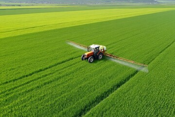 Agricultural tractor spraying crops in a lush green field, showcasing modern farming techniques and equipment, emphasizing sustainable agriculture practices and crop management