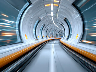 Futuristic high speed transport tunnel with curved white walls, glowing lights and motion blur creating a sense of rapid travel