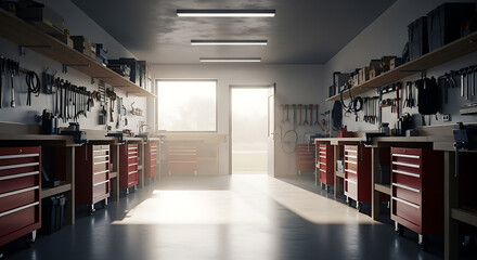 Well-organized and brightly lit workshop with tool storage cabinets and shelving systems