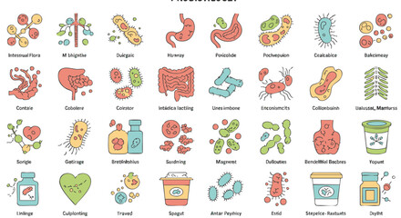 Probiotics and Gut Microbiome Health color line icons. Vector illustration set of digestive system, bacteria, and flora.
