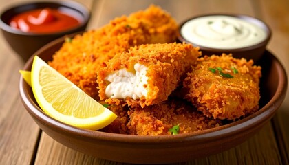 Delicious crispy fish and chips served with lemon and dipping sauces on wooden table