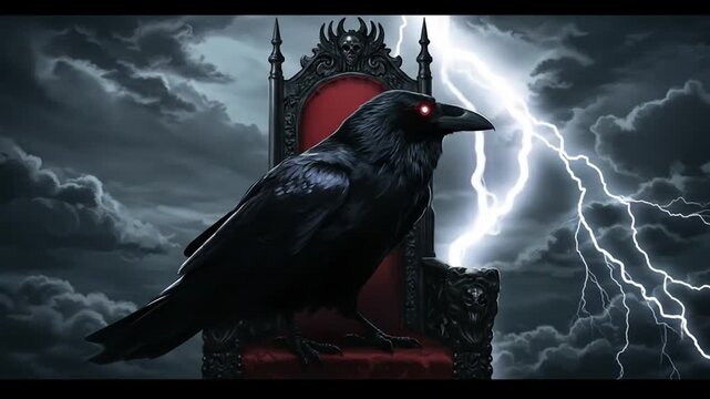 A dark crow perches on a regal throne amid a stormy backdrop.