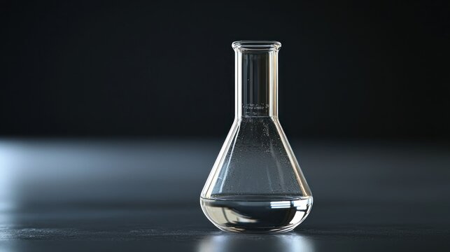 A clear glass flask with water on a dark surface.