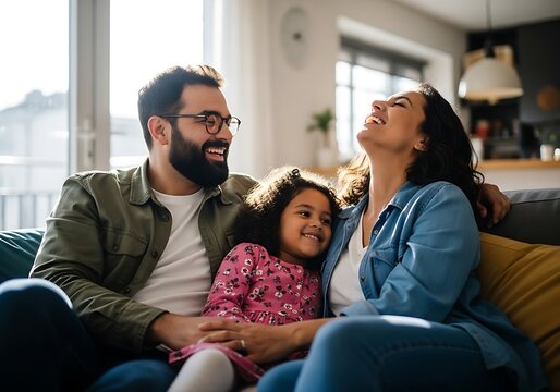 Joyful family laughing together on a sunny afternoon couch