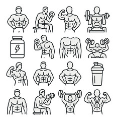 Fototapeta premium Fitness icon set: male bodybuilding and workout illustrations