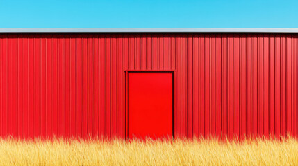 Bright red metal barn with closed door stands behind golden dry grass under clear blue sky, creating vibrant contrast