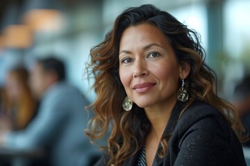 Fototapeta premium A confident woman with wavy hair smiles warmly, showcasing her friendly personality in a lively cafe setting.