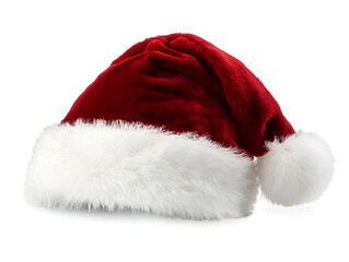 A classic red Santa Claus hat with fluffy white fur trim and a pom-pom, isolated on a clean white background.