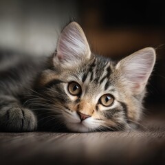 Playful tabby cat resting on wooden floor in soft afternoon light