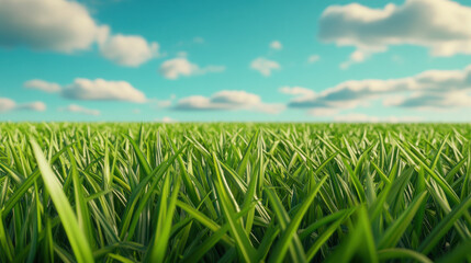 Fototapeta premium Green grass field under blue sky with clouds in bright daylight creating fresh and natural atmosphere