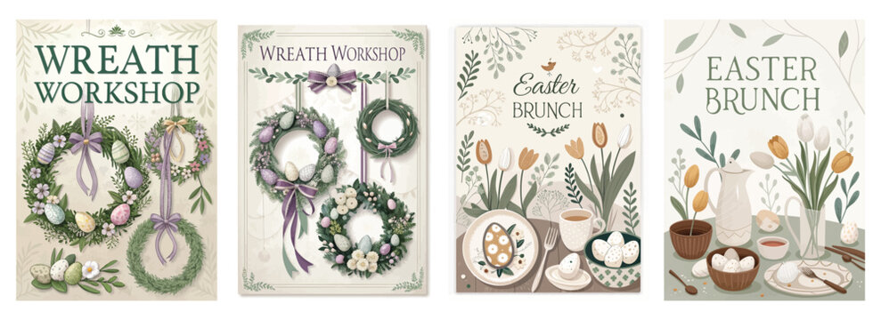 Set of four posters featuring pastel wreath designs for Easter brunch