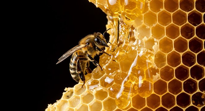 A Solitary Honeybee on a Rich, Dripping Honeycomb Against a Stark Black Background - Powered by Adobe