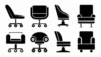 Illustration showing a collection of eight different chair designs in black silhouette on a white background