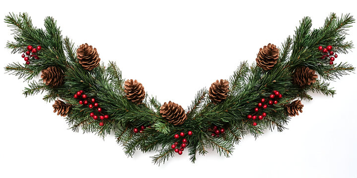 A festive Christmas garland swag with green evergreen branches, brown pinecones, and red berries, isolated on a white background.
