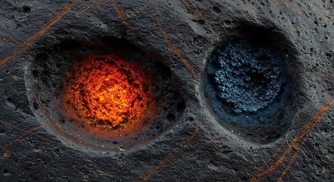 Cosmic Duality: Glowing Ember and Crystalline Ice Craters on a Veined Asteroid