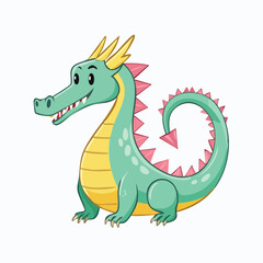 Fototapeta premium Illustration of a cute and friendly light green dragon with yellow and pink details