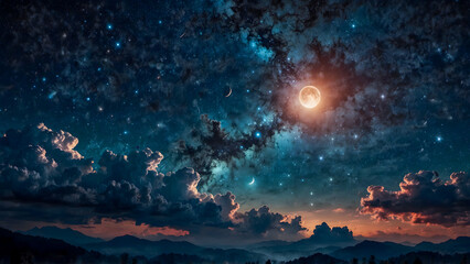 Naklejka premium Dreamy Night Sky with Full Moon and Clouds over Mountains