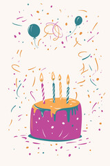 Colorful birthday cake with balloons and confetti