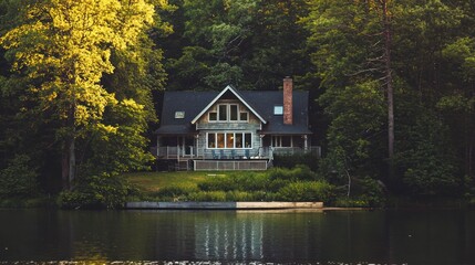 Obraz premium A serene lakeside cabin with a wooden deck and chairs, surrounded by lush green trees and a calm lake.