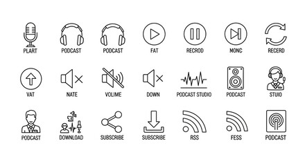 Collection of black outline icons for podcasting and audio streaming Minimalist line art symbols for media player interfaces and broadcasting.