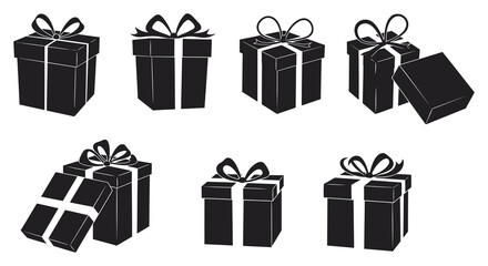 Collection of various gift boxes with ribbons and bows in a graphic silhouette style. vector design. Silhouette vector design illustration
