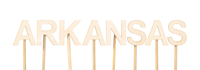 Wooden sign forming the word Arkansas, clean and handmade composition on a white background, excellent for educational materials or geographical content design