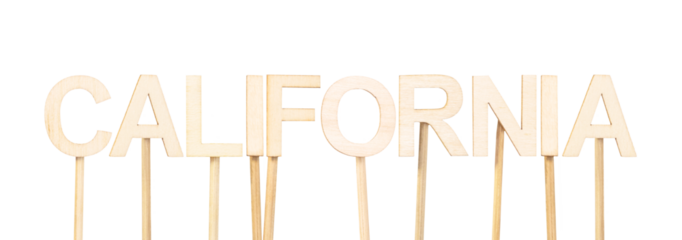Wooden letters assembled to form the name California, handmade style perfect for tourism graphics, American decoration, or themed school content