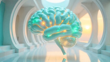 Brain-shaped structure with rotating gears, flowing data streams, and light pulses.
