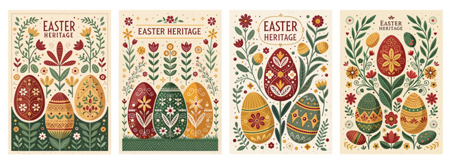 Set of four posters featuring vibrant Easter eggs and floral designs