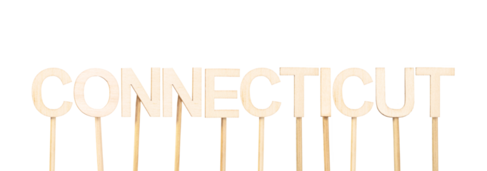 The name of the state of Connecticut in individual light wood letters, clean and handcrafted style for teaching materials, scrapbooking, or map-themed decoration