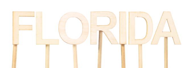 Word Florida formed with wooden letters on a white background, rustic decorative design ideal for tourism, geography, or themed school art content