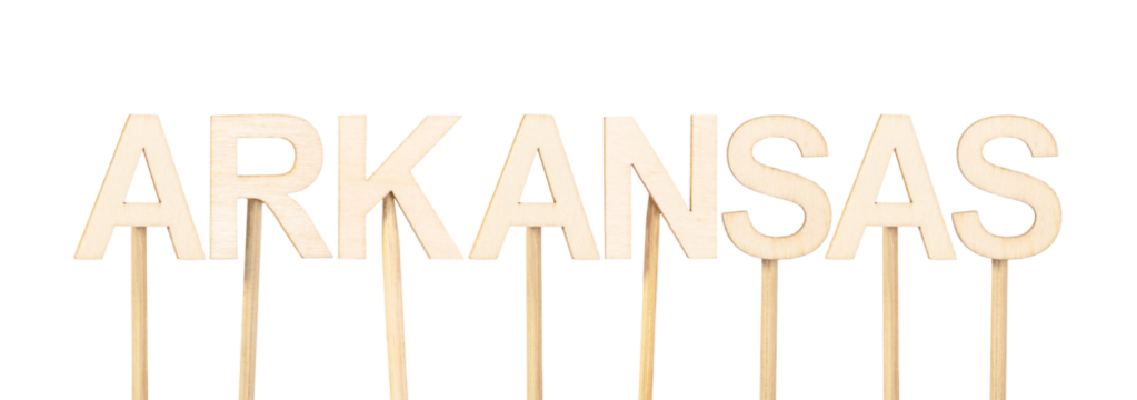 Wooden sign forming the word Arkansas, clean and handmade composition on a white background, excellent for educational materials or geographical content design