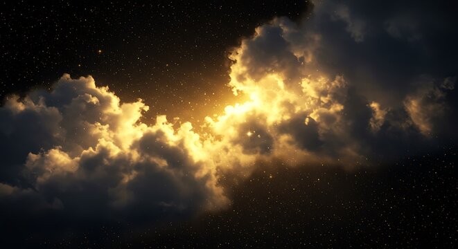 Celestial Radiance Piercing Through Dark Clouds in a Starry Cosmos - Powered by Adobe