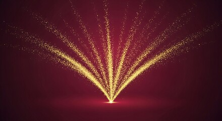 Golden sparkling dust particles radiating upwards from a glowing light on a deep red background, creating a festive abstract design.
