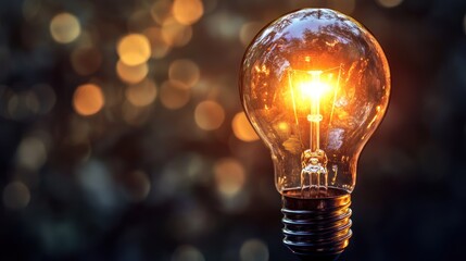 A glowing light bulb against a blurred background with a warm, golden hue.