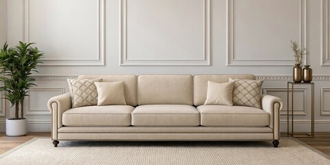 Fototapeta premium Elegant Living Room Interior with Neutral Sofa and Classic Wall Moldings