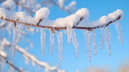 Icicles hanging from snow-covered branch under clear blue sky during winter season