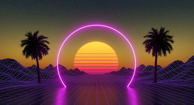 Vibrant Synthwave Sunset: Neon Arch, Palm Trees, Wireframe Grid Landscape, Retro-futuristic Dreamscape