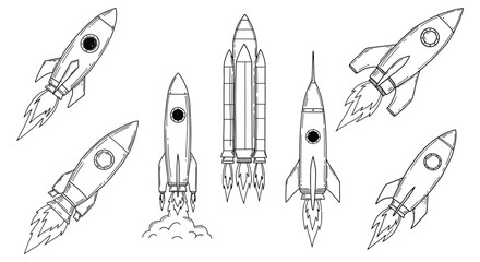 Collection of vintage rocket ships in a hand drawn sketch silhouette style taking off into space. vector design. Silhouette vector design illustration
