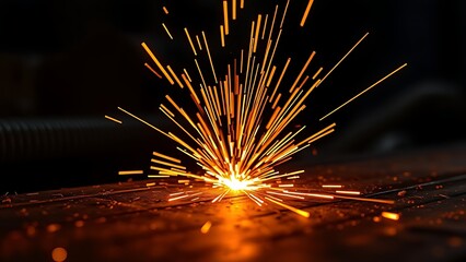 Close-up of glowing orange sparks on textured metal in a dark industrial environment.
