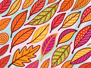 Obraz premium Colorful Leaves with Patterns on Light Blue Background
