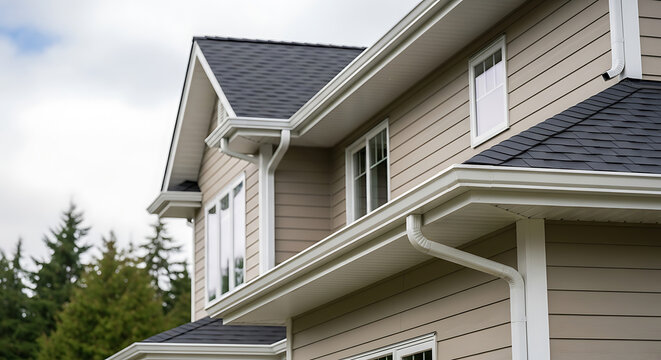 Exterior home architecture featuring pristine gutters and neutral toned vinyl siding on a cloudy