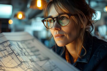 A focused woman examines architectural plans with intent in a dimly lit workspace, showcasing creativity and insight.